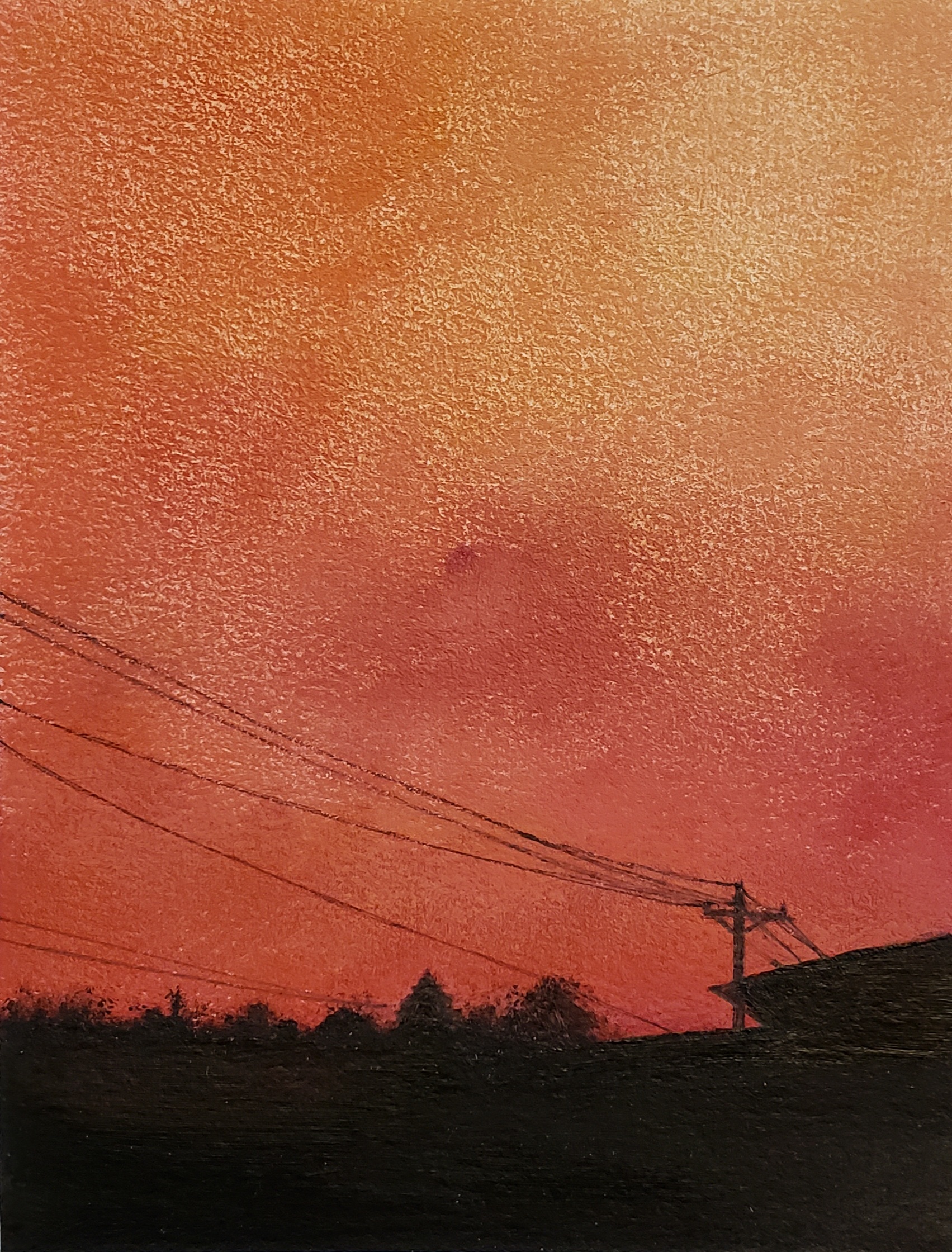 painting of the top corner of a building and power lines silhouetted against an orange sky