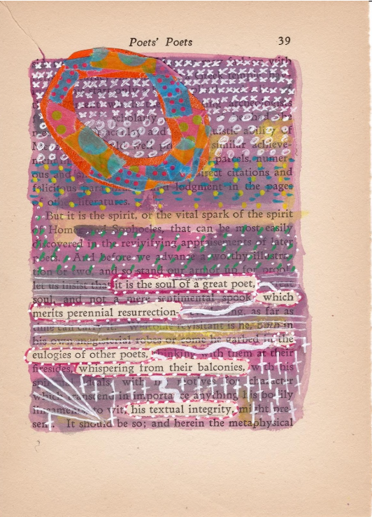 Page 39 of the book Poets' Poets colored over with several line fragments highlighted | Art by Anne McGrath