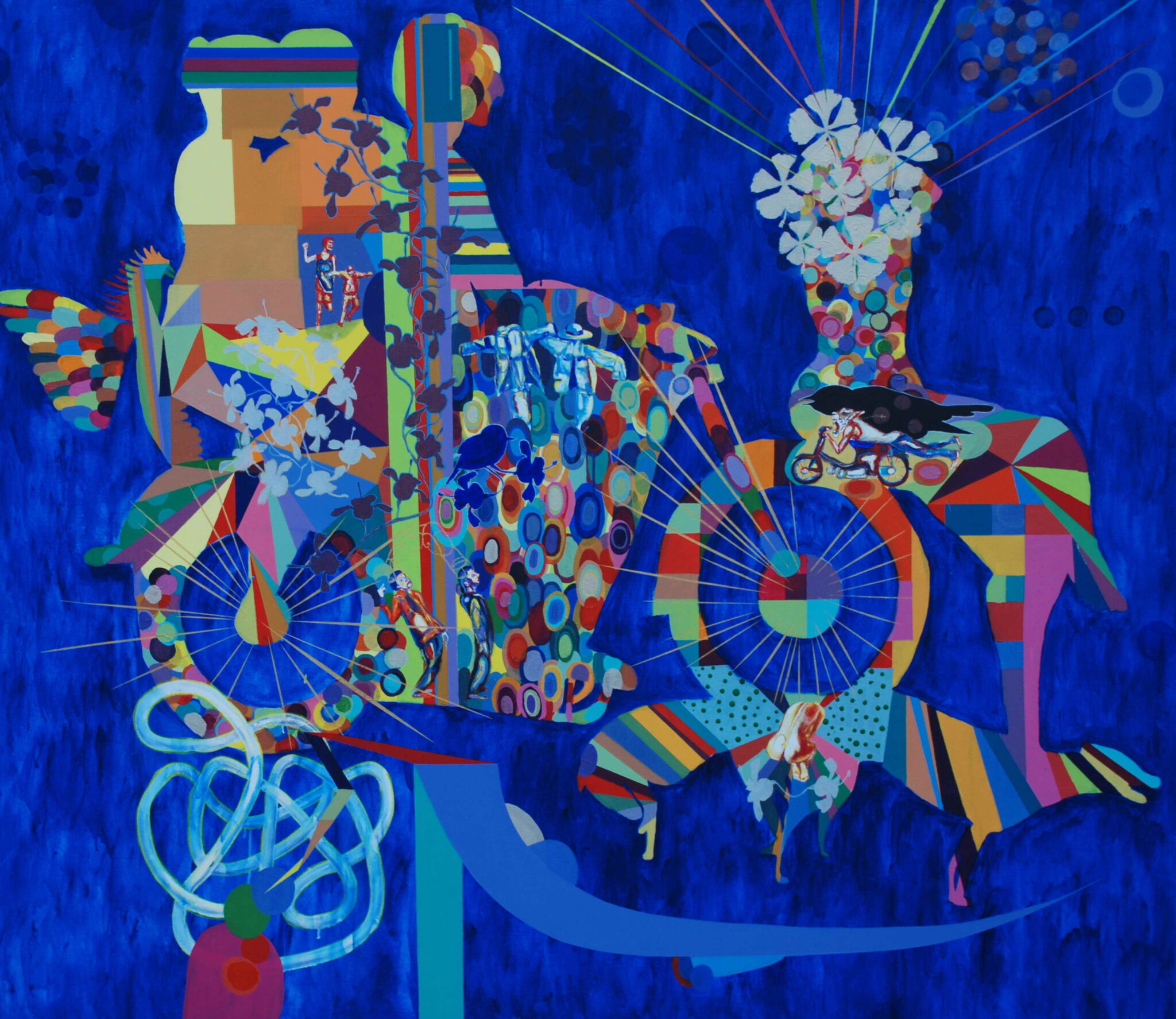 Vibrant blue art with colorful patches making up a central abstract figure  | Art by Hector Ledesma