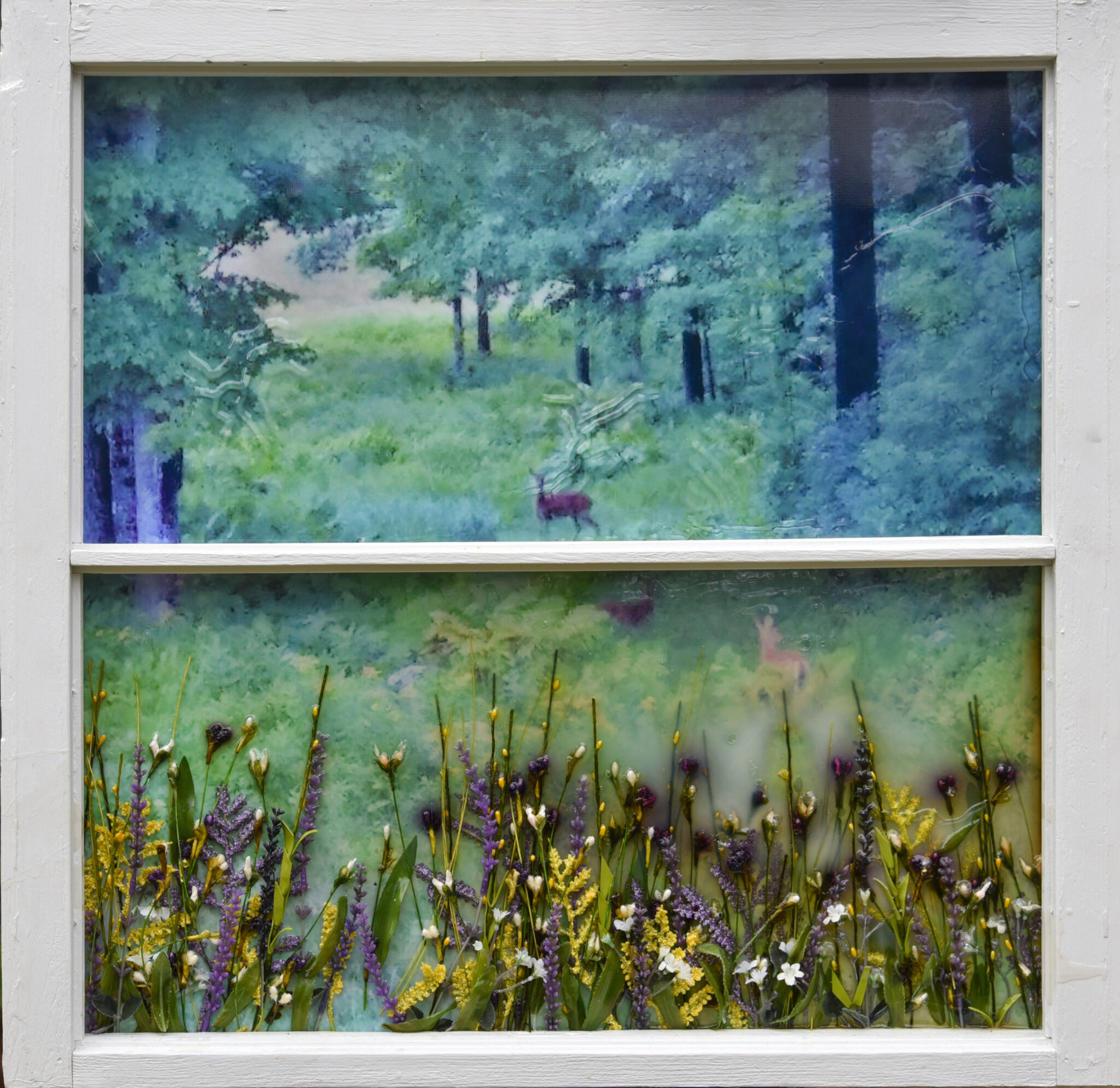 Acrylic sculpture of a window pane with landscape and flowers on the glass  | Art by Danielle O'Hanlon