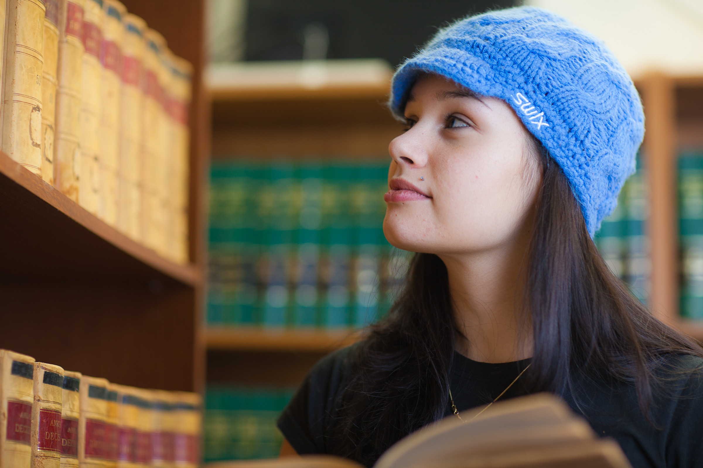 Samantha D'Hondt conducts some research for her paralegal studies class at CTC's law library. | UAF Photo by Todd Paris