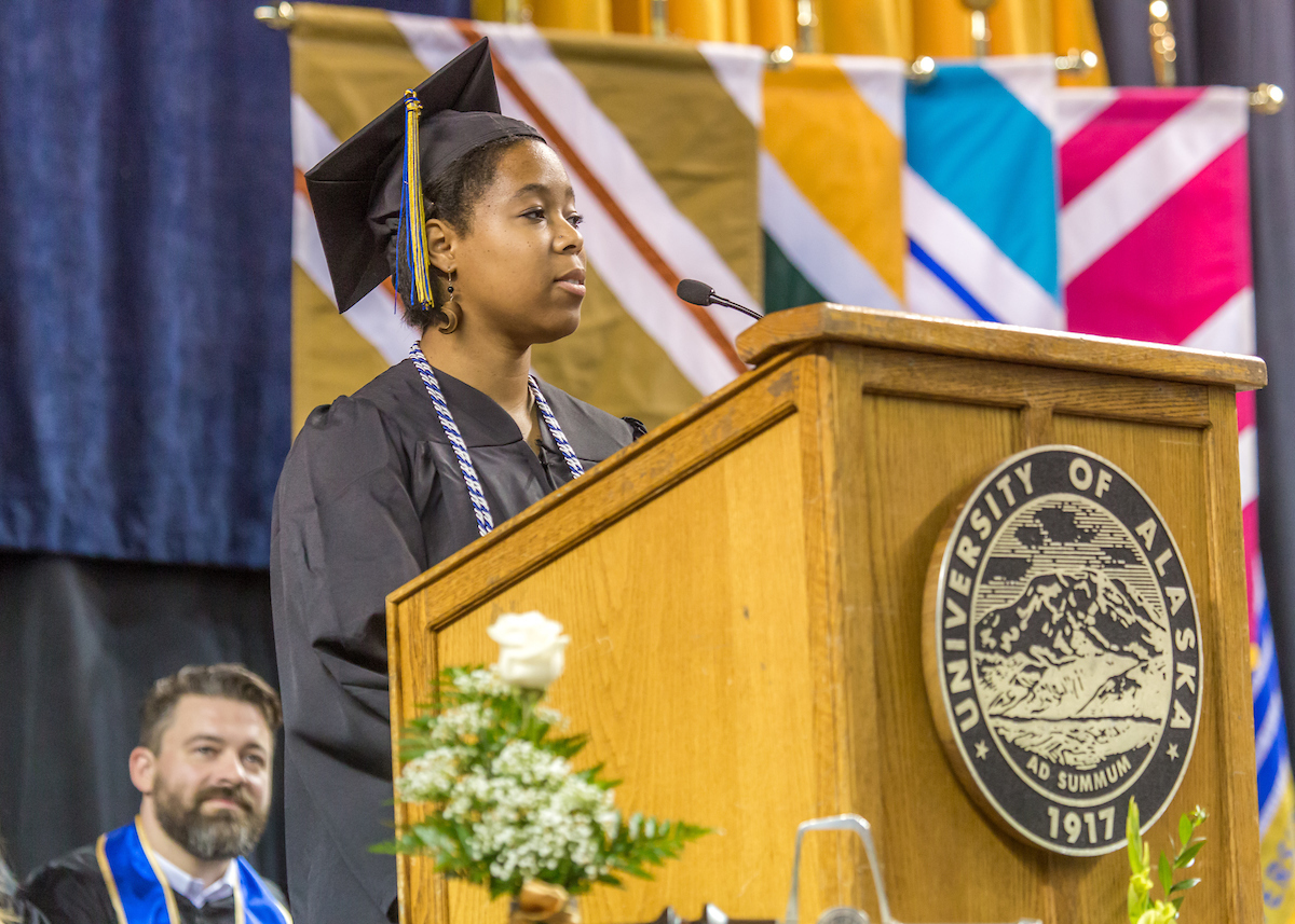 Lakeidra Chavis was selected to deliver the student address during UAF's 2015 commencement ceremony May 10 in the Carlson Center. Chavis graduated with a bachelor's degree in psychology. UAF Photo by Todd Paris