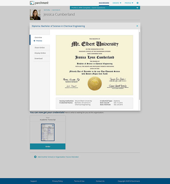 Consumer view of the Parchment digital diploma portal