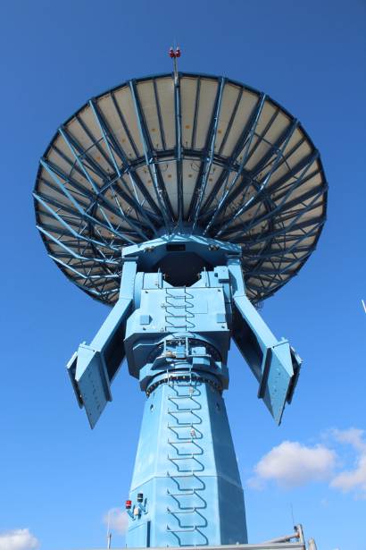 The Alaska Satellite Facility's new 11-meter antenna downloads satellite data from its position on UAF's West Ridge.