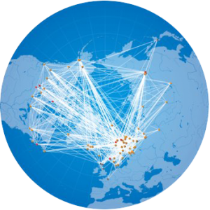 Glob with dots interconnected by lines to illustrate the UArctic network
