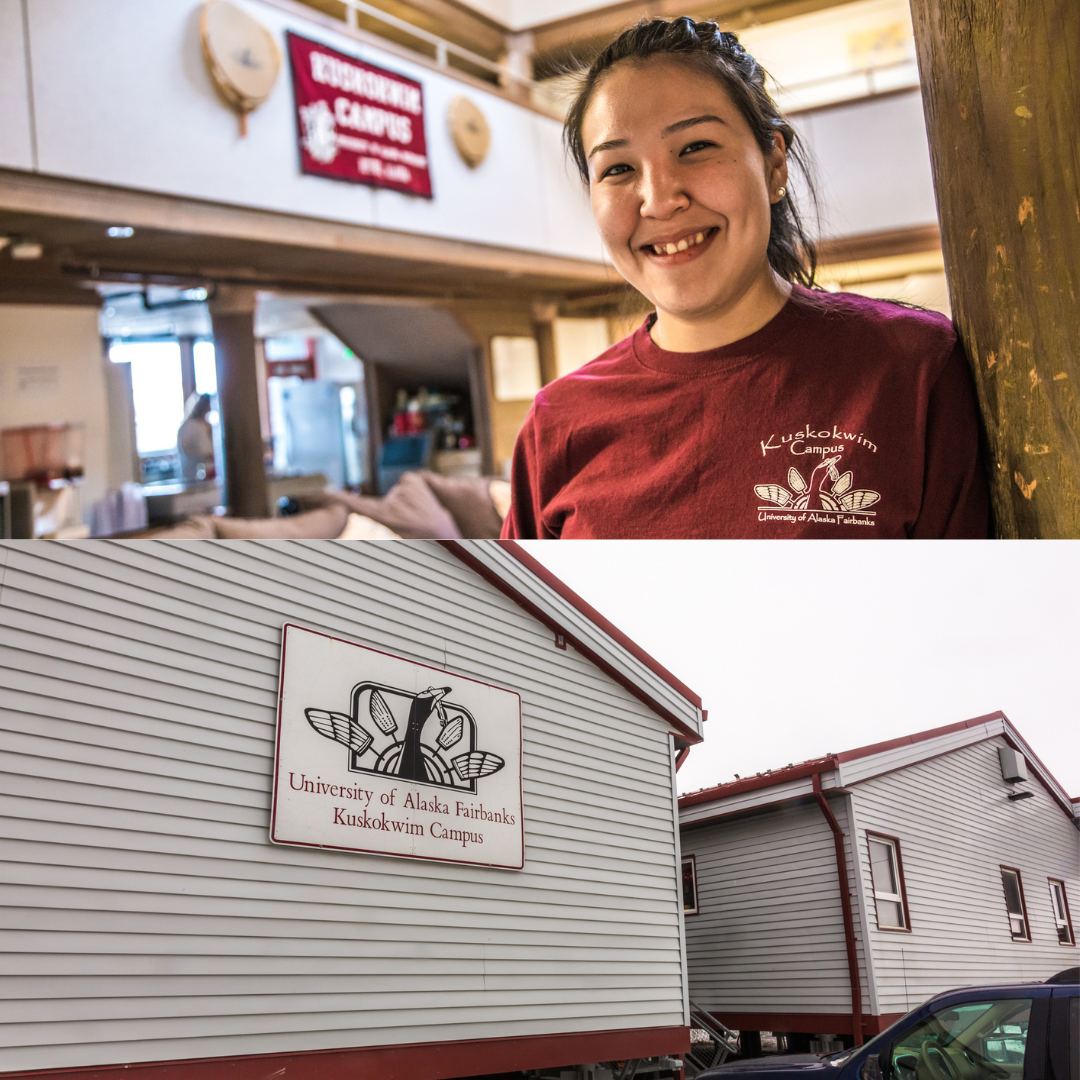 Image of Kuskokwim campus buildings and student
