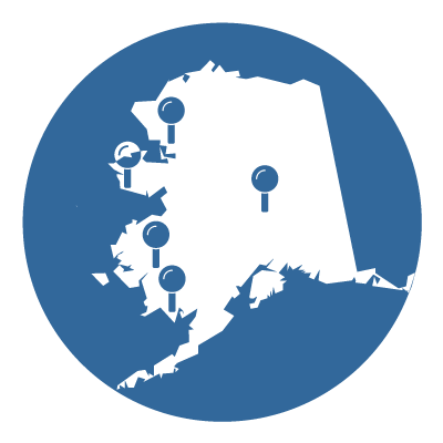 Map of Alaska with pins at community campus locations