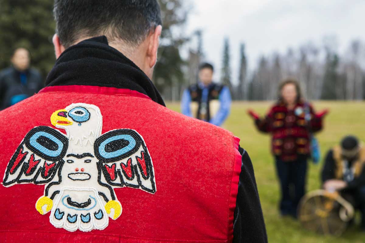 UAF students, staff, faculty, and community members gather at Troth Yeddha’ Park to commemorate the 2017 Indigenous Peoples Day at the Fairbanks campus.