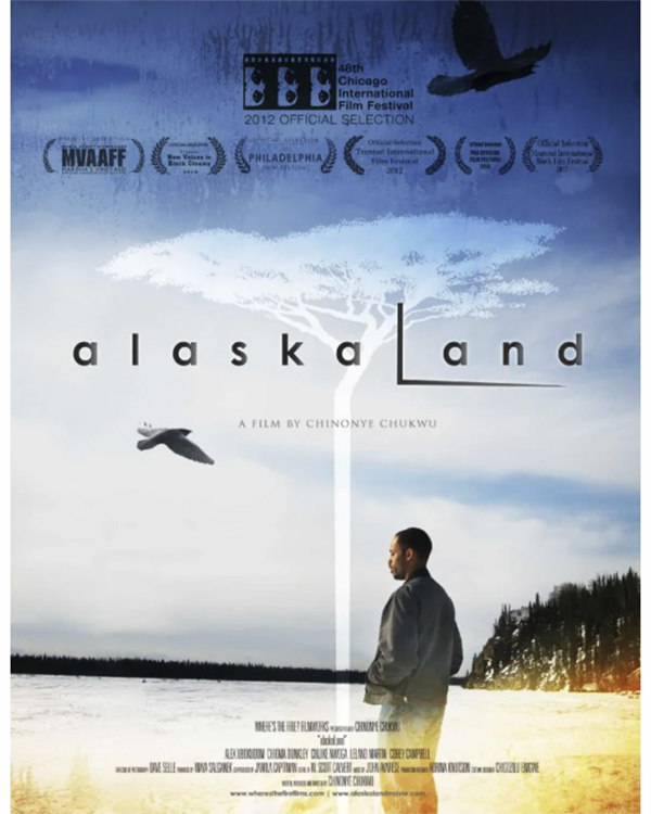 Movie poster. A man is looking out across a lake while a large bird flies overhead. UAF Photo