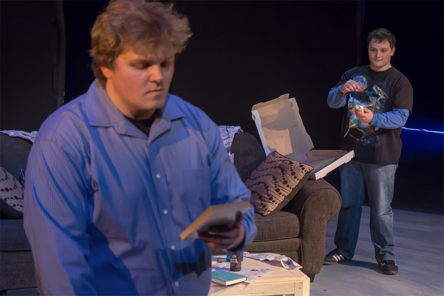 Actors on stage during the 2017 Winter Shorts production of Over the Line by Freddy Gryder, directed by Adam Gillette