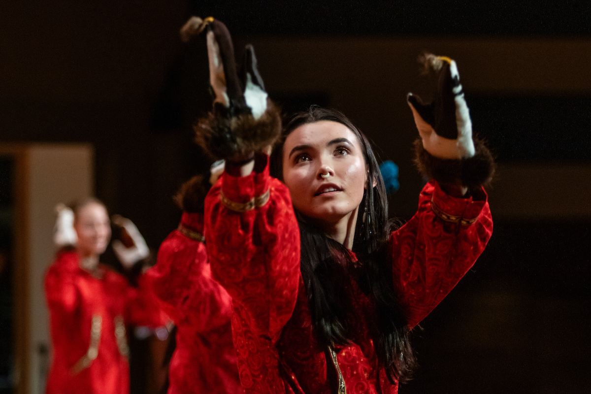 Pavva Iñupiaq Dancers perform along with attendeed at the 50th Festival of Native Arts day one in the Davis Concert Hall on Thursday, February 22, 2024. UAF Photo
