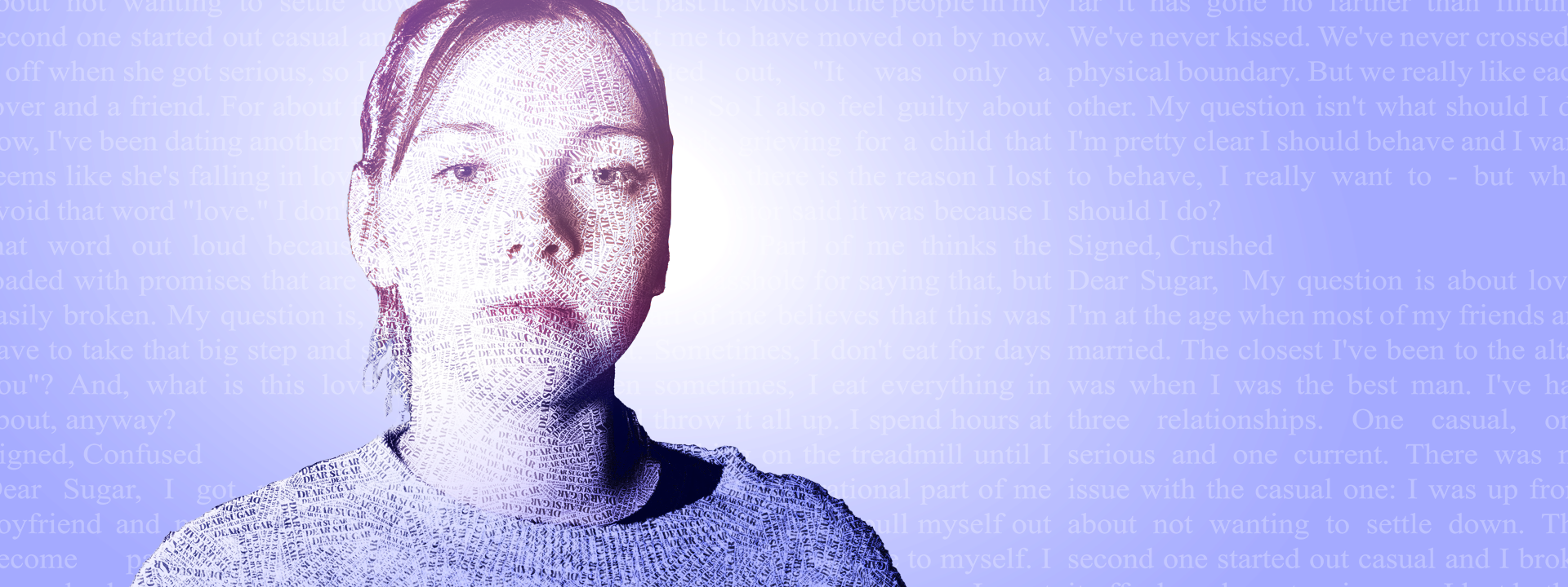 Text portrait in purple of Hannah Greene as Sugar. Photo by Maya Salganek/graphic by Kat Reichert