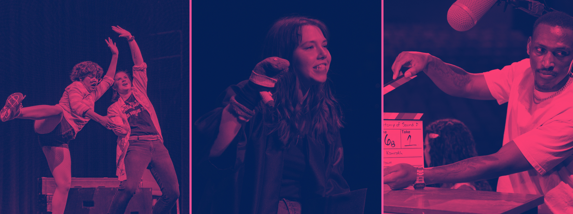 Collage of three images (L-R), Two students perform at Ground Squirrel Improv's Sprite Show in April 2024 (Photo credit: Leif van Cise), Hannah Greene at SDA's Extravaganza '25 (Photo credit: Eric Marshall), and students on the first day of filming The Anatomy of Sound (Photo credit: Eric Marshall).