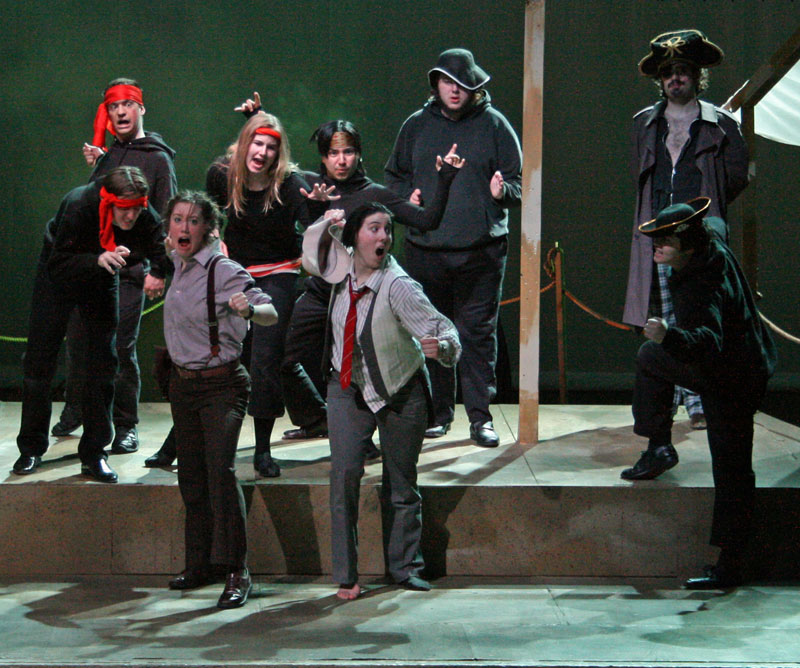 Cast on stage performing 'Rosencrantz and Guildenstern are Dead'
