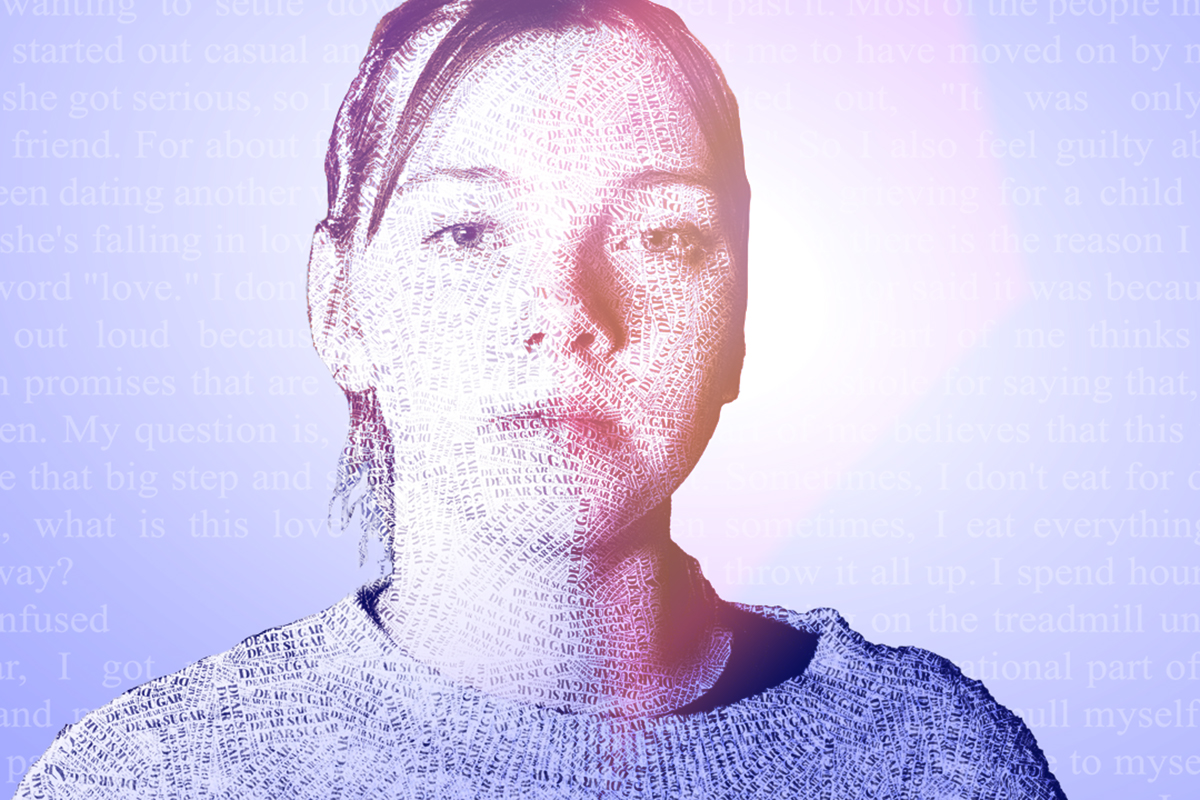 Purple text portrait of Hannah Greene as Sugar