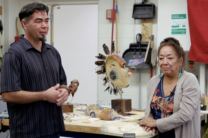 Artists Da-ka-xeen Mehner and Kathleen Carlo prepare to demonstrate their practices for UAF Native Arts students. Still photo from To Continue or Be Remembered
