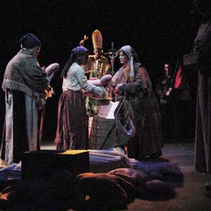 Actors on stage during a workshop based on scenes from Mother Courage during the Winter Shorts 2003 | UAF Photo by Kade Mendelowitz