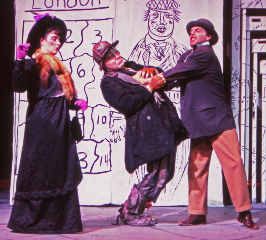 From left to right: Cris Stone as Jenny Diver, Parker Thompson as Filch, and Karl Kalen as Mr. Peachum, the King of the Beggers.