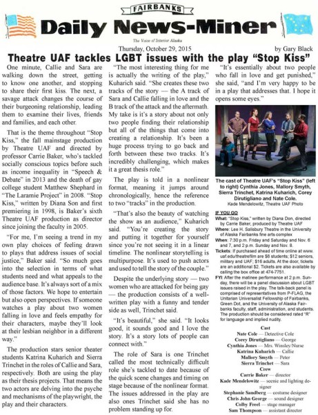 "Stop Kiss" article in the Fairbanks Daily News-Miner