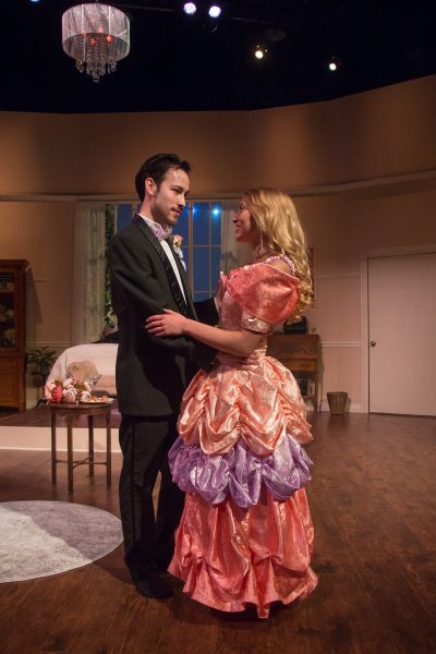 An image from the production of 'Five Women Wearing the Same Dress' featuring Jared Olin, Meghan Fowler.