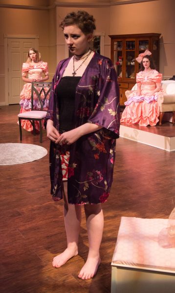 An image from the production of 'Five Women Wearing the Same Dress' featuring Brandi Larson, Meghan Fowler, Sarah Williams.