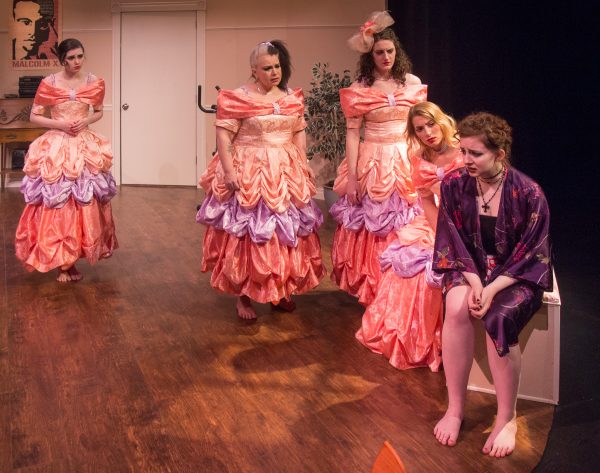 An image from the production of 'Five Women Wearing the Same Dress' featuring Brandi Larson, Jill Shipman, Meghan Fowler, Natilly Hovda, Sarah Williams.