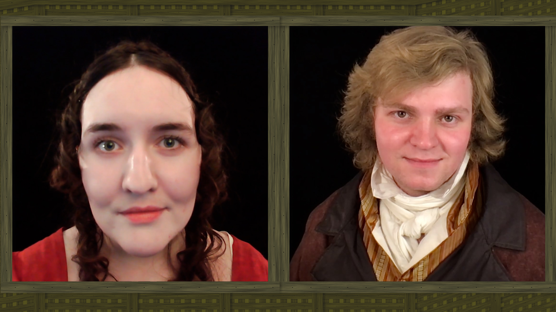 The cast virtually performing the scene: Lizzy and Darcy