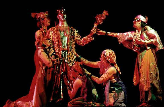 Bacchae production photo featuring the cast in a scene of the play on stage