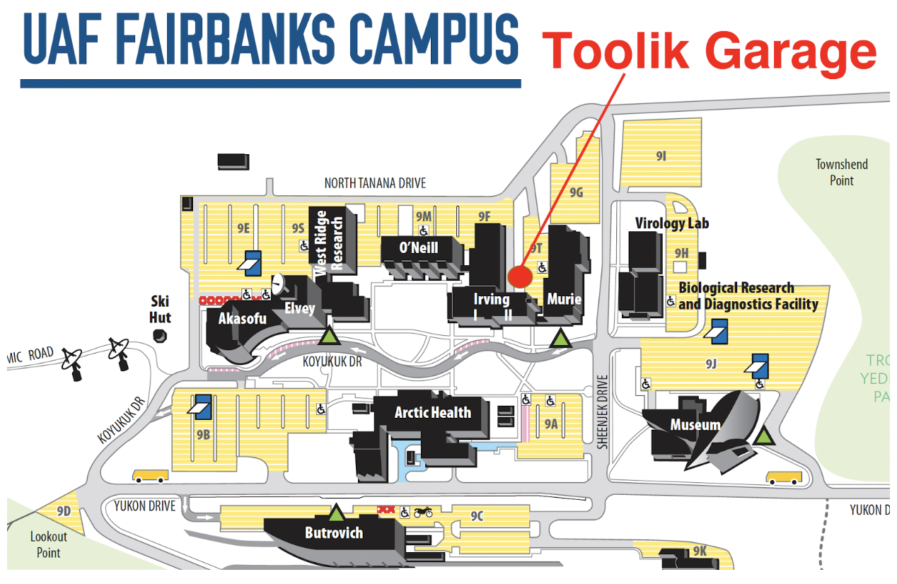 Map of UAF's West Ridge Campus, with location of Toolik Garage highlighted