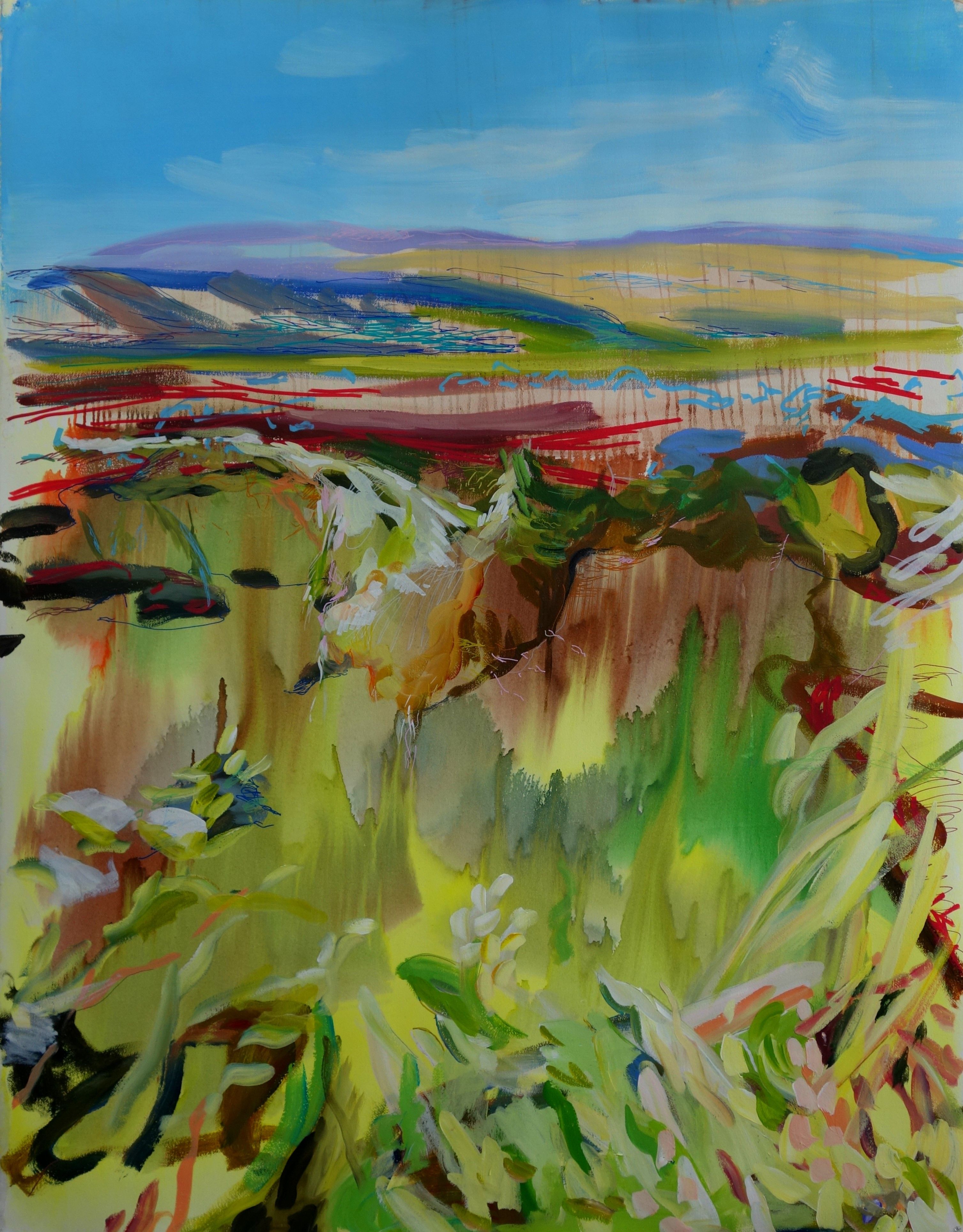 In Nikki Lindt's field sketch "Ghost Forest", vertical lines rise up from a colorful tundra. Photo credit: Nikki Lindt
