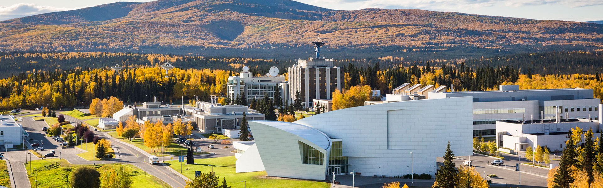 An aerial view of the Fairbanks campus overlooking West Ridge taken on September 2017.