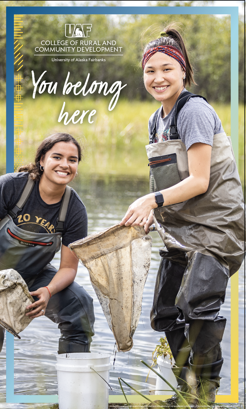 You Belong Here text overlaying image of tow young women standing in a river holding a net full of seaweed
