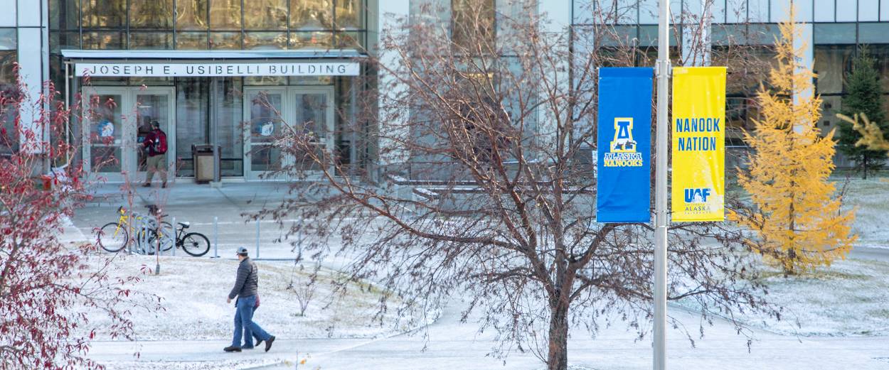 UAF lightpost banners are seen in the foreground as students in the background walk through the snow covered Cornerstone Plaza past the Joseph E. Usibelli building.