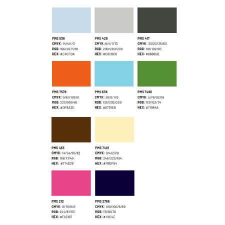 Secondary colors, light blue, light grey, dark grey, brown, custard yellow, orange, cyan, green, magenta, dark blue