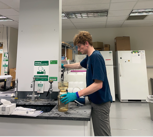 Ryan in the lab filtering leachate solutions to 0.2 microns. This removes any microbial community that would consume the organic matter in the sample.