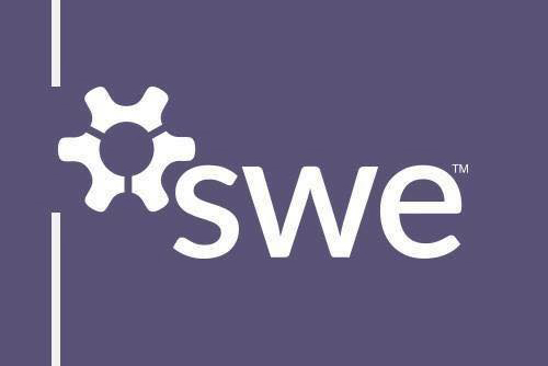 SWE logo on purple background with a white graphic gear on the left